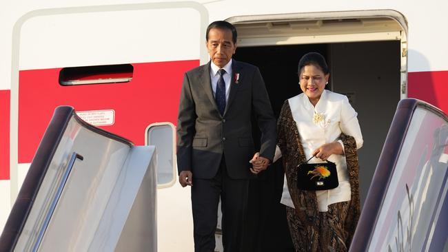 Joko Widodo, arriving in Beijing with wife Iriana, flew from the Chinese capital to Riyadh on Thursday. Picture: Getty Images