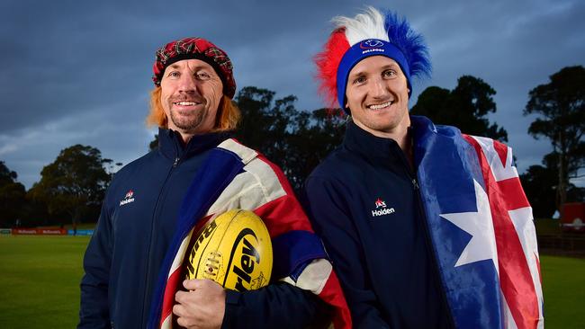 Central District coach Roy Laird and captain Trent Goodrem at Elizabeth Oval ahead of the club’s British history fun day last year. Picture: Bianca De Marchi