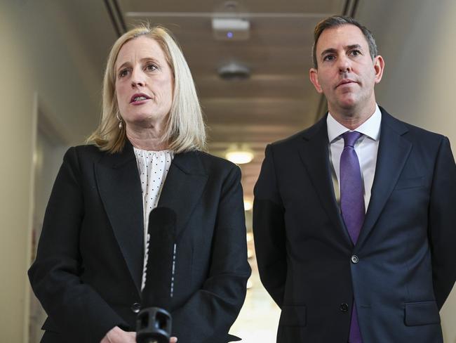CANBERRA, Australia - NewsWire Photos - July 1, 2024: Finance Minister Katy Gallagher and Federal Treasurer Jim Chalmers hold a press conference at Parliament House in Canberra. Picture: NewsWire / Martin Ollman
