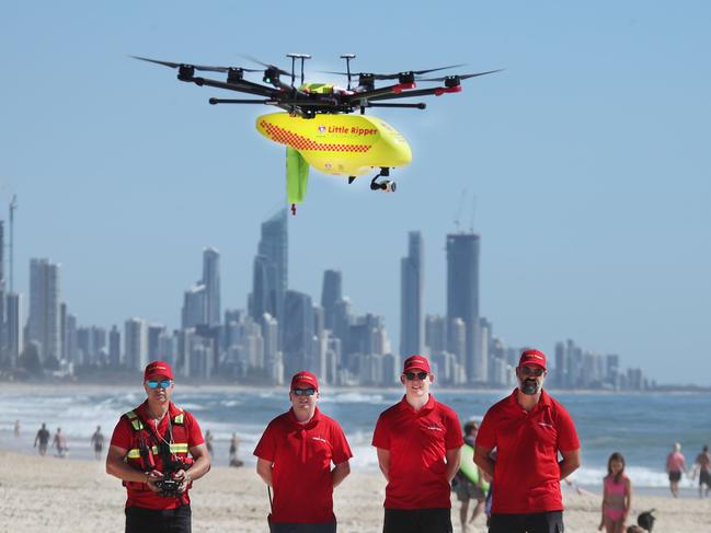 A little Ripper drone flying at Burleigh Heads in front of pilots Joe Urli, Michael Povey, Will Harvey and Nige Austin. Picture Glenn Hampson