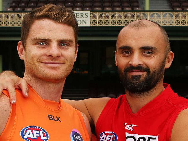 Heath Shaw (Giants) meets brother Rhyce Shaw (Swans) in te Sydney AFL derby. Pictured together at the SCG in Sydney.