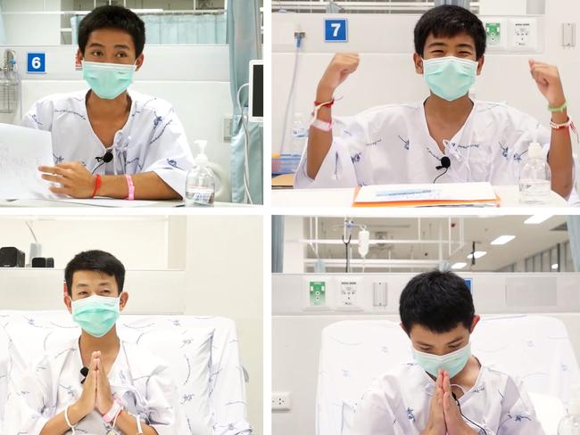 The boys recovering in their hospital beds in Chiang Rai. Adul Sam-on, 14, Ekkarat Wongsukchan, 14, Pornchai Khamluang, 16, Duangphet Promthep, 13. Picture: AFP