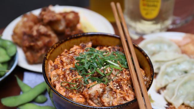 BBQ Udon, karaage chicken, gyoza and Suntory Whisky Highball. Picture: Jenifer Jagielski