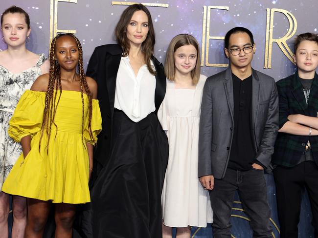 Jolie with her children: Shiloh Jolie-Pitt, Zahara Jolie-Pitt, Vivienne Jolie-Pitt, Maddox Jolie-Pitt and Knox Jolie-Pitt. Picture: Tim P. Whitby/Getty Images