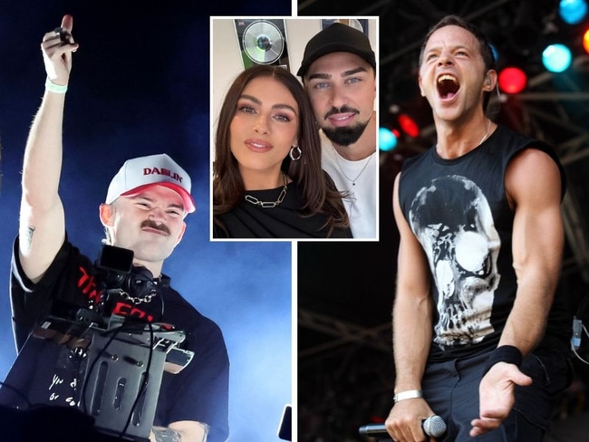 Aussies - including Dom Dolla (left), Rob Swire from Pendulum (right) and Sonny Fodera (centre, with wife Amber) - dominated the Ultra Miami festival lineup. Pictures: Getty, Instagram