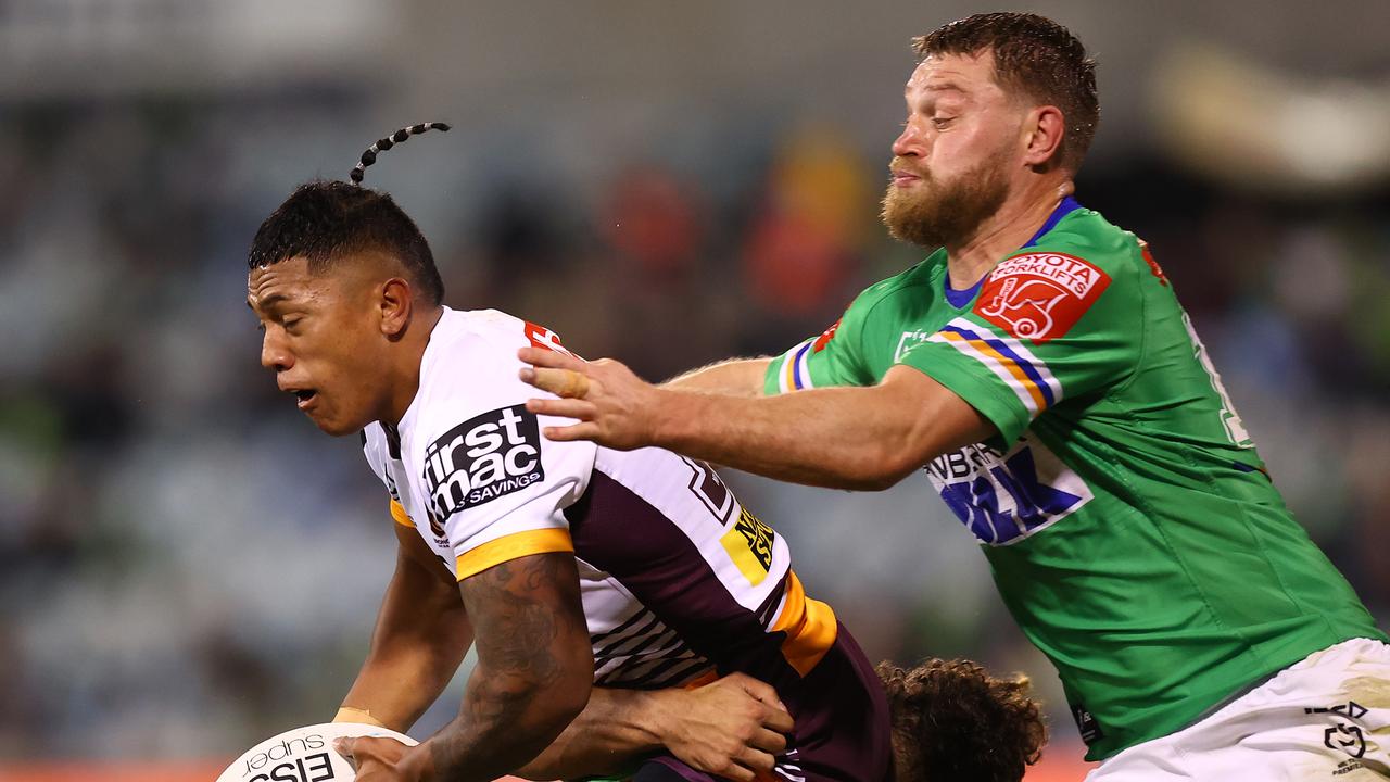 Last-minute inclusion Tesi Niu was a standout for the Broncos, scoring an impressive solo try. Picture: Getty Images