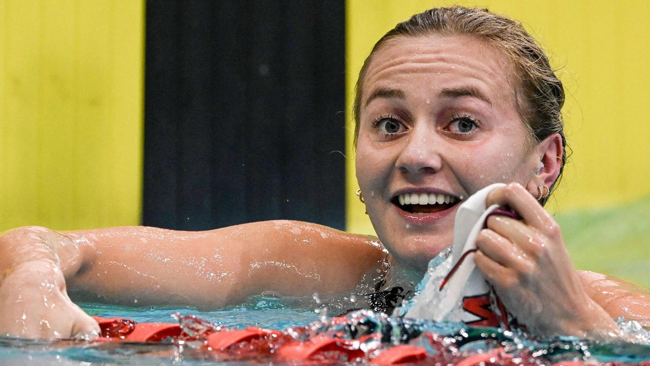 Titmus reacts after setting the new world record at the Australian Swimming Championships. Picture: AFP
