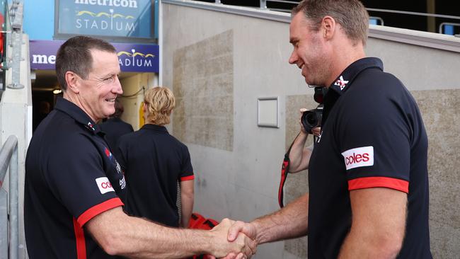 John Worsfold performs an unofficial handover to Ben Rutten after his last game.