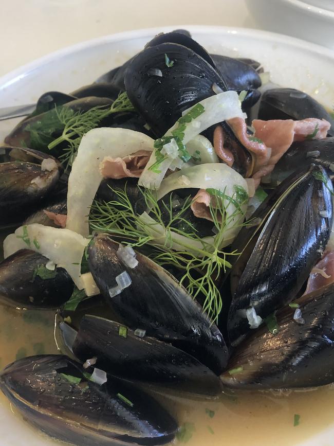 Kinkawooka mussels, fennel, serrano ham at Silver Sands Beach Club. Picture: Supplied