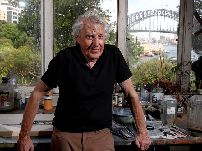 Sydney artist Peter Kingston pictured in his Lavender Bay home where he is preparing his latest exhibition called 'first light'. Picture: Toby Zerna