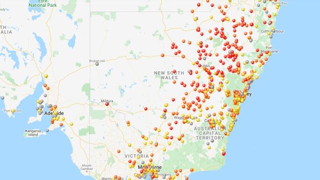 Mouse sightings over the past 12 months. A red dot signifies a "high" number of mice, meaning "widespread or obvious in paddocks". Picture: Mouse Alert