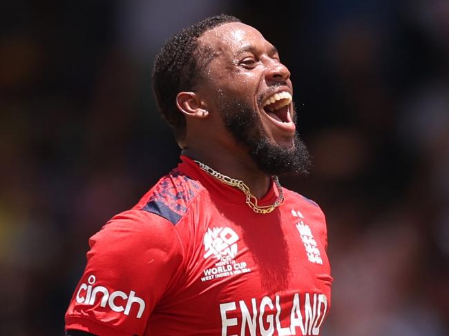 BRIDGETOWN, BARBADOS - JUNE 23: Chris Jordan of England celebrates the wicket of Saurabh Netravalkar of USA to complete a hat trick during the ICC Men's T20 Cricket World Cup West Indies & USA 2024 Super Eight match between USA and England at Kensington Oval on June 23, 2024 in Bridgetown, Barbados. (Photo by Robert Cianflone/Getty Images)