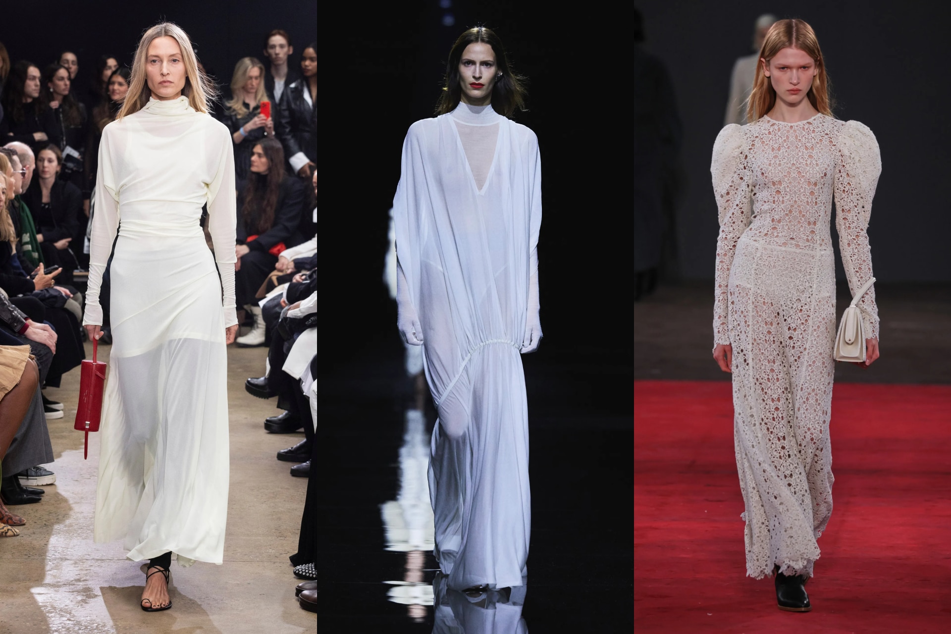 <p><i>Above (L-R): Proenza Schouler, Khaite, Gabriela Hearst</i></p><h2><b>Soft, sheer, sweeping</b></h2><p>Much of New York Fashion Week toyed with softness and draping, a curiosity best exemplified in a series of semi-sheer, liquid gowns peppered throughout various collections. Khaite, Brandon Maxwell and Proenza Schouler experimented with opacity in layering; the effect was demonstrated on diaphanous but wearable gowns that rippled on the runway. Sheerness for Gabriela Hearst came in the form of lace, but even this stiffer fabric was cut to move more elegantly on the skirt.</p><p><a href="https://www.newsletters.news.com.au/vogue"><i>Sign up to the Vogue newsletter</i></a></p>