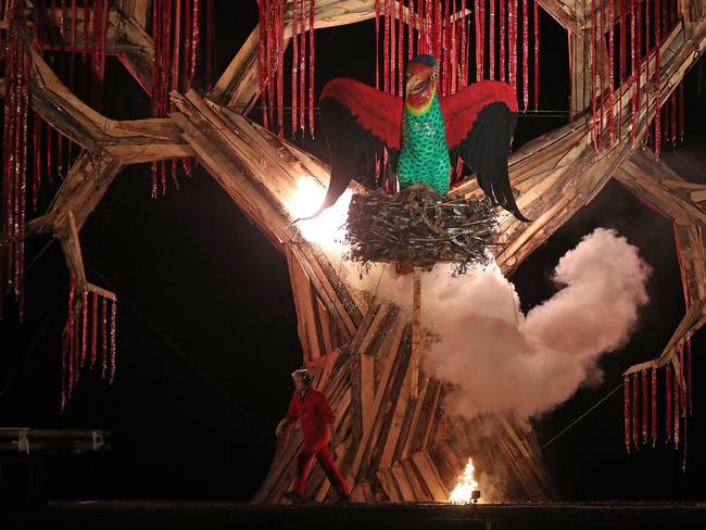 The Swift Parrot Ogoh-Ogoh is set alight at the burning at Macquarie Point. Picture: LUKE BOWDEN