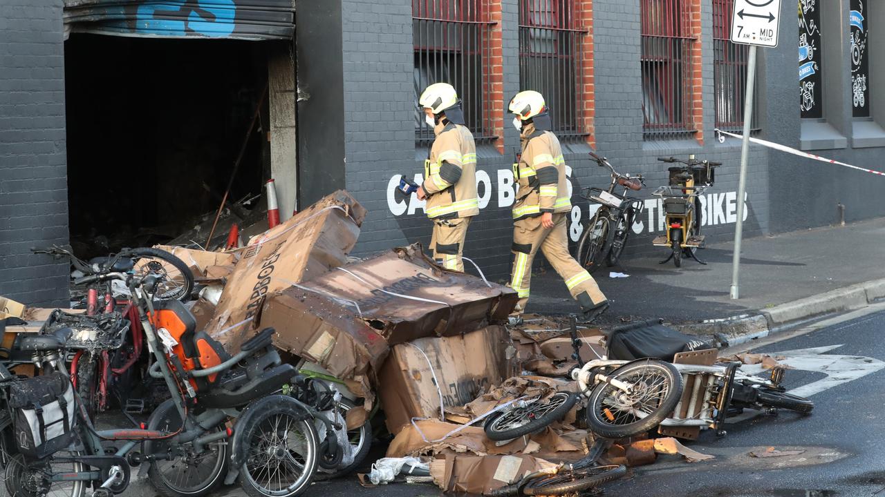 Police and fire fighters at the scene in Brunswick East where a ram raid on a bike shop has resulted in a fire. Tuesday, October 15. 2024. Picture: NewsWire/ David Crosling