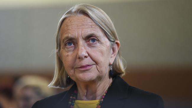 Australian Greens Senator Lee Rhiannon listens to Australian Greens leader Richard Di Natale addressing the National Press Club in Canberra, Wednesday, April 4, 2018.(AAP Image/Lukas Coch) NO ARCHIVING