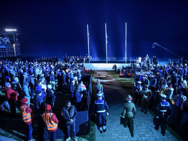 Anzac soldiers arrive for the dawn service marking Anzac Day in Gallipoli. Picture: AFP