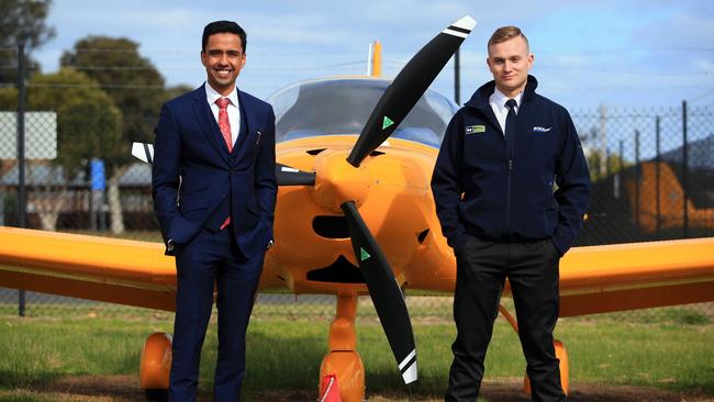 Alex Kingsford Smith, right, with Soar Aviation’s Neel Khokhani at Moorabbin Airport, Melbourne. Picture: Aaron Francis