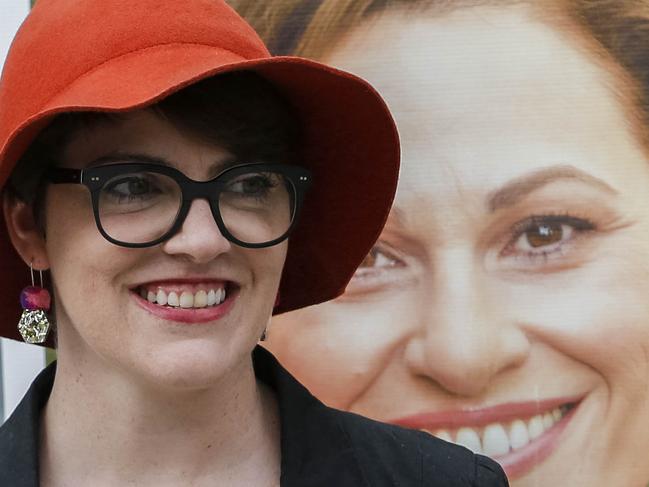 Green's candidate Amy MacMahon running for the seat of South Brisbane at a voting station at West End State School, Brisbane, Saturday, November 25, 2017. (AAP Image/Glenn Hunt) NO ARCHIVING