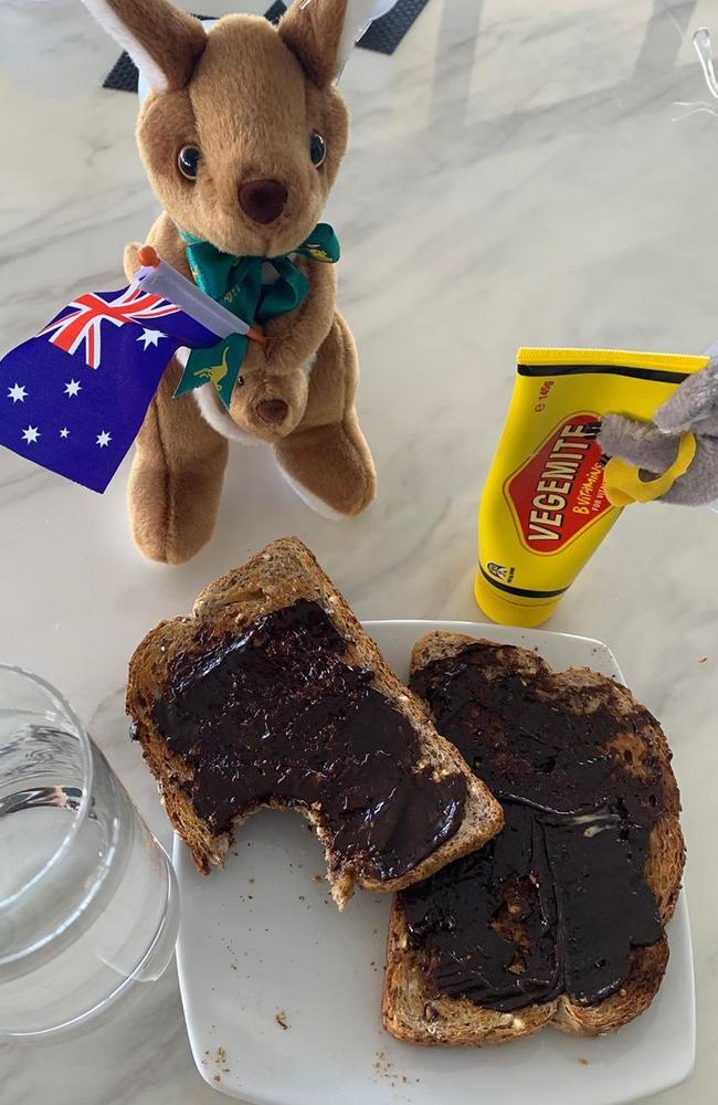 Tom Hanks posted this photo enjoying an Aussie favourite, Vegemite, after his release. Picture: Instagram/@tomhanks