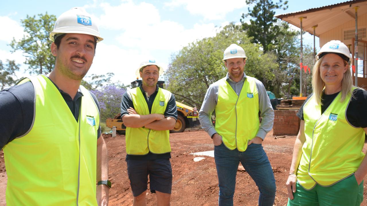 Overseeing the creation of the Toowoomba Hospital Foundation's new health sector museum near Baillie Henderson are (from left) Hutchinson Builders project manager Alec Noble, site manager Brod Koina (back), Toowoomba team leader Sean Lees and THF CEO Alison Kennedy.