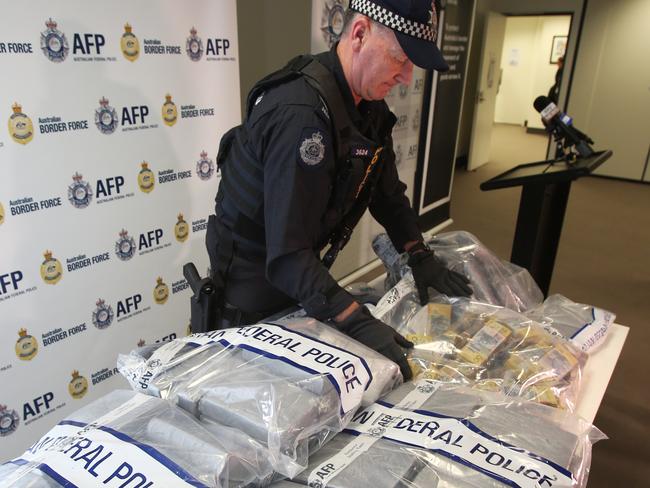 Seized drugs and cash on display at the Australian Federal Police headquarters in Melbourne in 2017. Picture: AAP