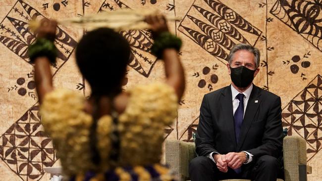 US Secretary of State Antony Blinken watches a cultural farewell ceremony during his visit to Nadi, Fiji on February Saturday. Picture: AFP