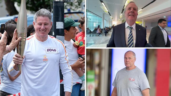 Scenes from Nine Entertainment’s dramas: top right, Peter Costelllo meets The Australian’s Liam Mendes at Canberra Airport ahead of his resignation as chair; Mike Sneesby, left, with the Olympic torch in France; former Nine news TV boss Darren Wick, bottom right, who quit this year after it was alleged he sexually harassed a female staffer.