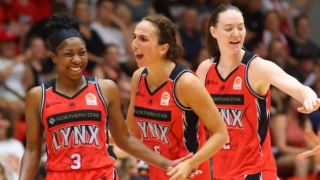 PERTH, AUSTRALIA - MARCH 03: Aari McDonald of the Lynx and Alexandra Ciabattoni of the Lynx celebrate after a three during game two of the WNBL Semi Final series between Perth Lynx and Townsville Fire at Bendat Basketball Stadium, on March 03, 2024, in Perth, Australia. (Photo by James Worsfold/Getty Images)