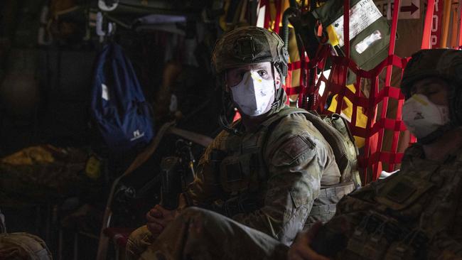 Soldiers on one of the last flights out of Kabul. Picture: Gary Ramage