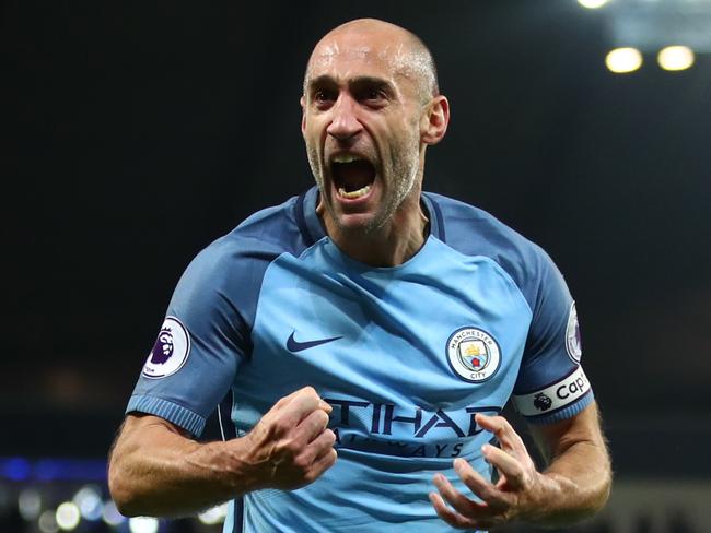 MANCHESTER, ENGLAND - DECEMBER 14: Pablo Zabaleta of Manchester City celebrates scoring the opening goal during the Premier League match between Manchester City and Watford at Etihad Stadium on December 14, 2016 in Manchester, England. (Photo by Clive Brunskill/Getty Images)