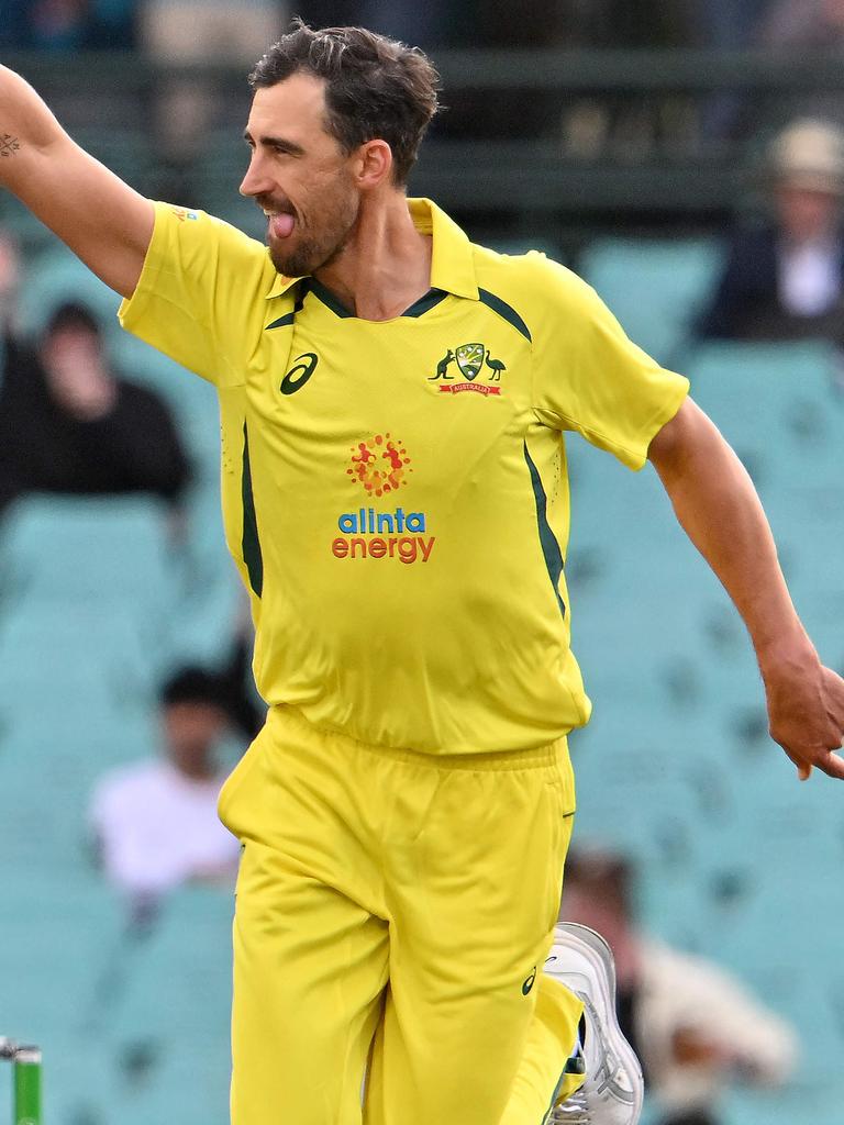 Mitchell Starc celebrates his wicket of Dawid Malan. Picture: AFP