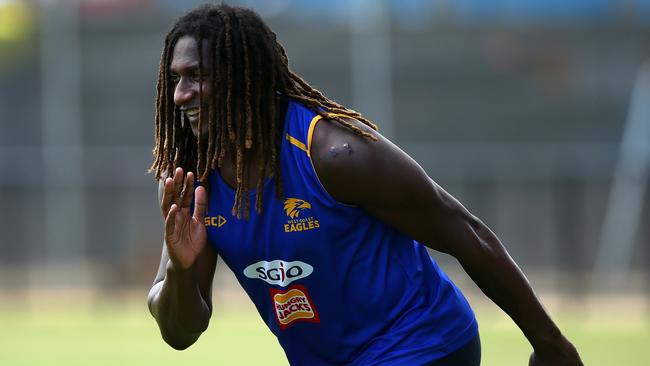 PERTH, AUSTRALIA — NOVEMBER 20: Nic Naitanui of the Eagles warms up during a West Coast Eagles AFL training session at Lathlain Park on November 20, 2017 in Perth, Australia. (Photo by Paul Kane/Getty Images)