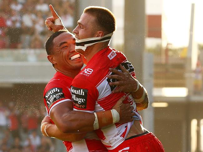 WOLLONGONG, AUSTRALIA - APRIL 01:  Euan Aitken of the Dragons celebrates scoring a try during the round four NRL match between the St George Illawarra Dragons and the Newcastle Knights at WIN Stadium on April 1, 2018 in Wollongong, Australia.  (Photo by Mark Nolan/Getty Images)