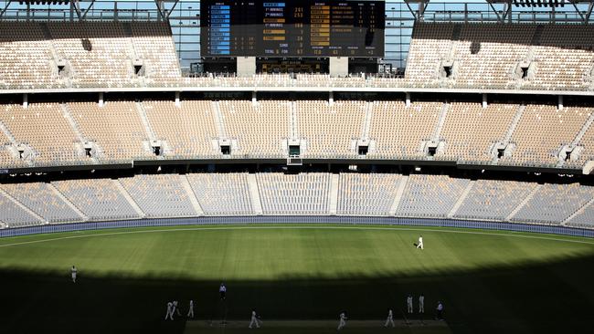 Half of Optus Stadium is baked in sunshine towards the end of a day’s play during the recent Sheffield Shield match between WA and NSW. Picture: AAP