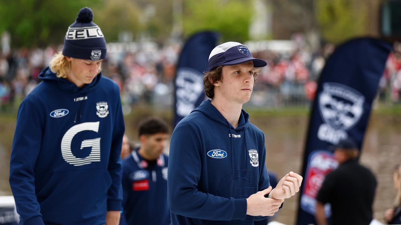 MELBOURNE, AUSTRALIA - SEPTEMBER 23: Max Holmes of the Cats during the 2022 Toyota AFL Grand Final Parade on September 23, 2022 in Melbourne, Australia. (Photo by Darrian Traynor/AFL Photos via Getty Images)