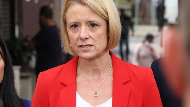 Kristina Keneally campaigning with the Labor bus in Homebush. Picture: Liam Kidston