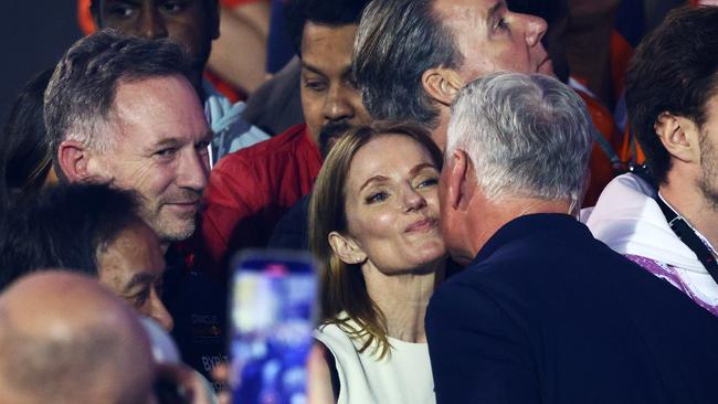 Geri Horner talks with David Coulthard as Christian Horner (L) looks on in parc ferme during the F1 Grand Prix of Bahrain at Bahrain International Circuit. Picture: Getty Images.