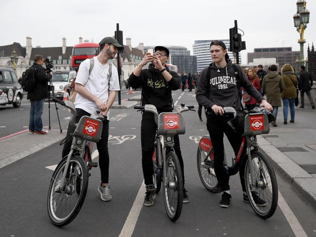 People cycle over Westminster Bridge as it is opened to the public on March 23, 2017 in London, England. Picture: Getty