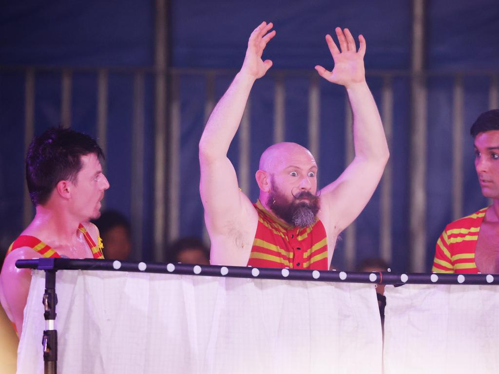 Performers from Something Circus on day one of the Woodford Folk Festival. Picture: Lachie Millard