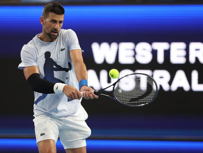 PERTH, AUSTRALIA - DECEMBER 28: Novak Djokovic of Team Serbia practices ahead of the 2024 United Cup at RAC Arena on December 28, 2023 in Perth, Australia. (Photo by Paul Kane/Getty Images)