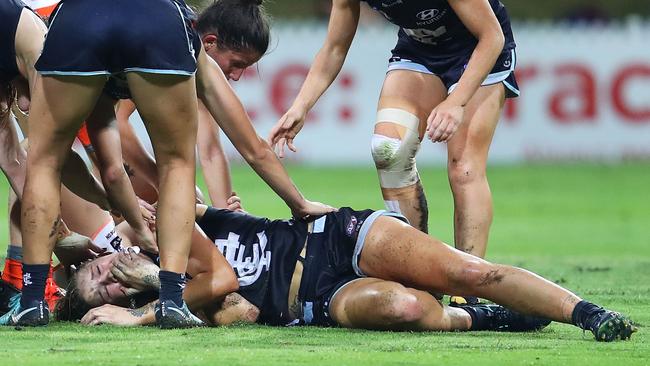 Tayla Harris injured her shoulder on the final siren. Picture: Getty