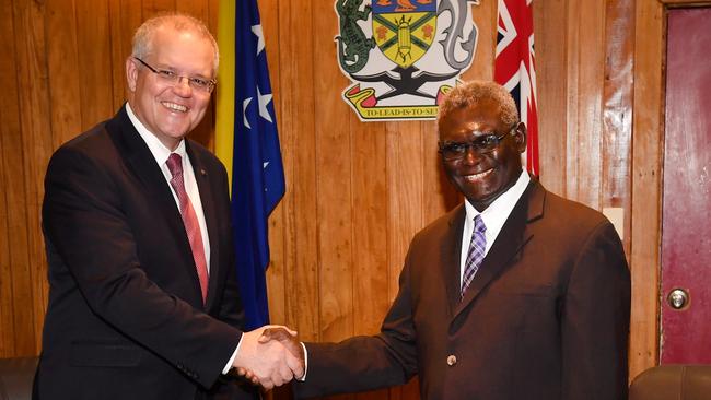 Scott Morrison with Solomon Islands PM Manasseh Sogavare in Honiara in 2019. Picture: AAP