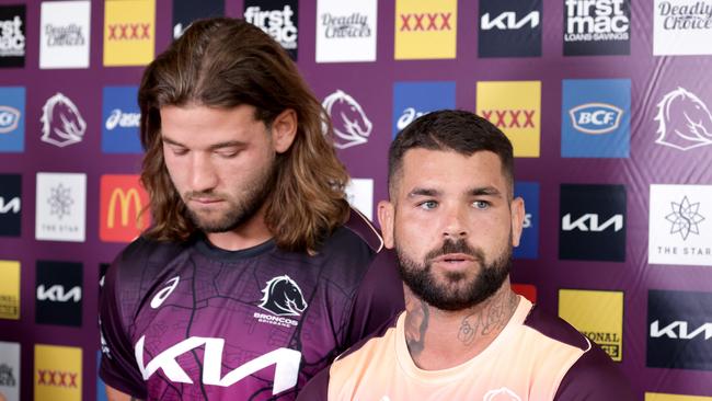 (L-R) Patrick Carrigan and Adam Reynolds front a press conference following their 2024 pre-season wrestle. Picture: Steve Pohlner