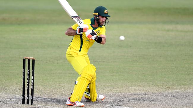 BRISBANE, AUSTRALIA - MAY 10: Glenn Maxwell of Australia plays a shot during the Cricket World Cup One Day Practice Match between Australia and New Zealand at Allan Border Field on May 10, 2019 in Brisbane, Australia. (Photo by Bradley Kanaris/Getty Images)