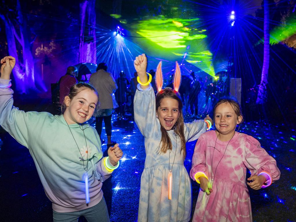 Celebrating her birthday is Wyatt Lumley (centre) with Blake Martyn (left) and Kalani Lucas at Eclipse Toowoomba Luna Light Journey in Queens Park. Picture: Kevin Farmer