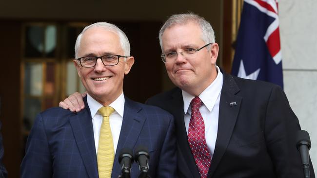 Then PM Malcolm Turnbull with then Treasurer Scott Morrison before his ousting. Picture: Kym Smith