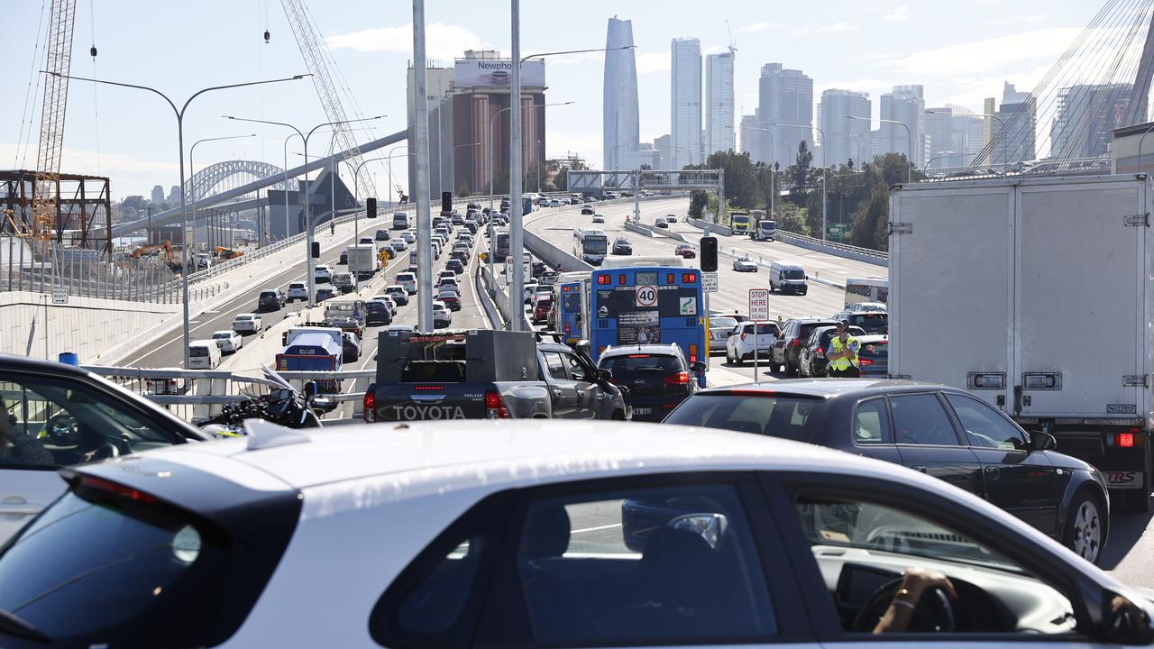 Commuter traffic feeding on to the Anzac Bridge on Victoria Road on Thursday. Traffic has been in chaos with commuters adapting to road changes since the opening of the Rozelle Interchange. Picture: Richard Dobson