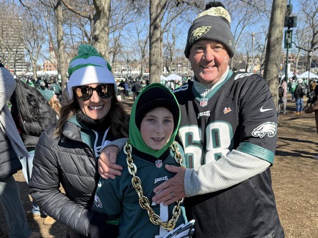 Australian expat Mick Dunn was in the crowd to celebrate Mailata and the victory for the Eagles with his wife Kim and son Ben. Picture: Tom Minear