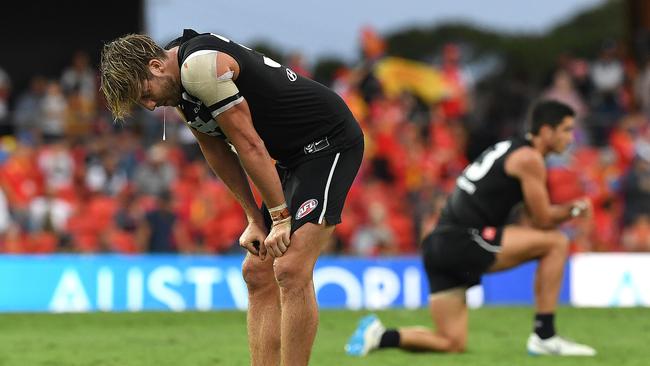 A shattered Dale Thomas comes to terms with Carlton’s loss to Gold Coast last weekend. Picture: AAP Image/Dave Hunt.